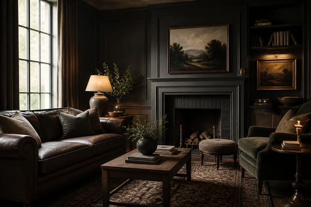 Editorial interior photograph showing dark academia color palette: a practical guide in a real whole home, with dark academia materials, layered warm lighting, styled furniture, and a magazine-quality residential composition.