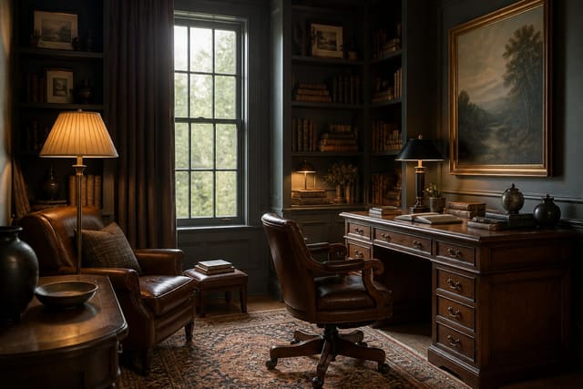 Editorial interior photograph showing dark academia home office ideas that feel scholarly in a real home office, with dark academia materials, layered warm lighting, styled furniture, and a magazine-quality residential composition.