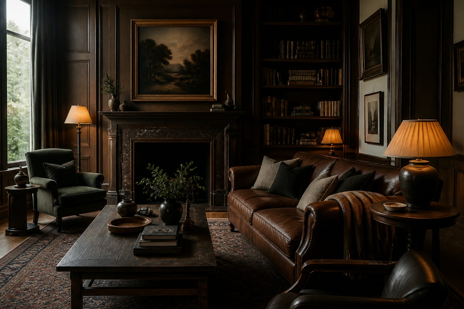 Editorial interior photograph showing dark academia living room creating a moody, scholarly atmosphere.