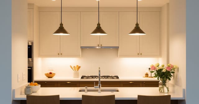 A previously dark kitchen brightened with warm-white uppers, brass pendants, and under-cabinet lighting