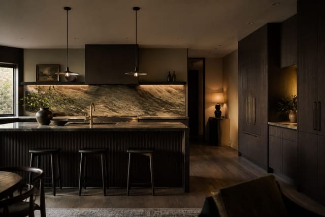Editorial interior photograph showing dark kitchen ideas in a real dark kitchen, with moody residential kitchen materials, layered warm lighting, functional furniture placement, and a magazine-quality residential composition.