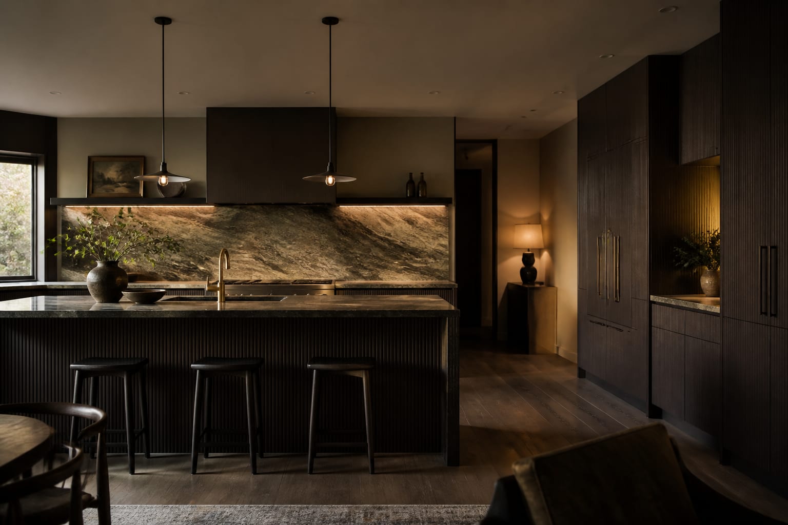 Editorial interior photograph showing dark kitchen ideas in a real dark kitchen, with moody residential kitchen materials, layered warm lighting, functional furniture placement, and a magazine-quality residential composition.