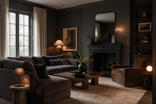 dark moody living room with charcoal walls, warm lamps, pale linen curtains, and a lighter rug adding visual relief