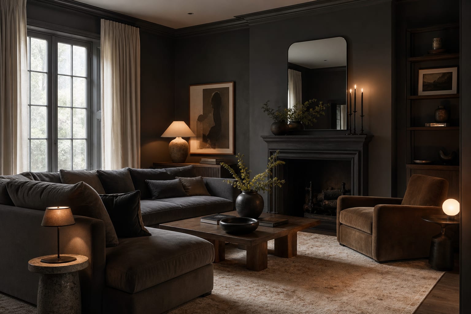 dark moody living room with charcoal walls, warm lamps, pale linen curtains, and a lighter rug adding visual relief