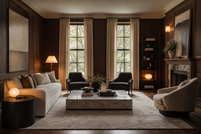 living room with dark walnut paneling, cream curtains, warm lamps, pale rug, and modern upholstered seating