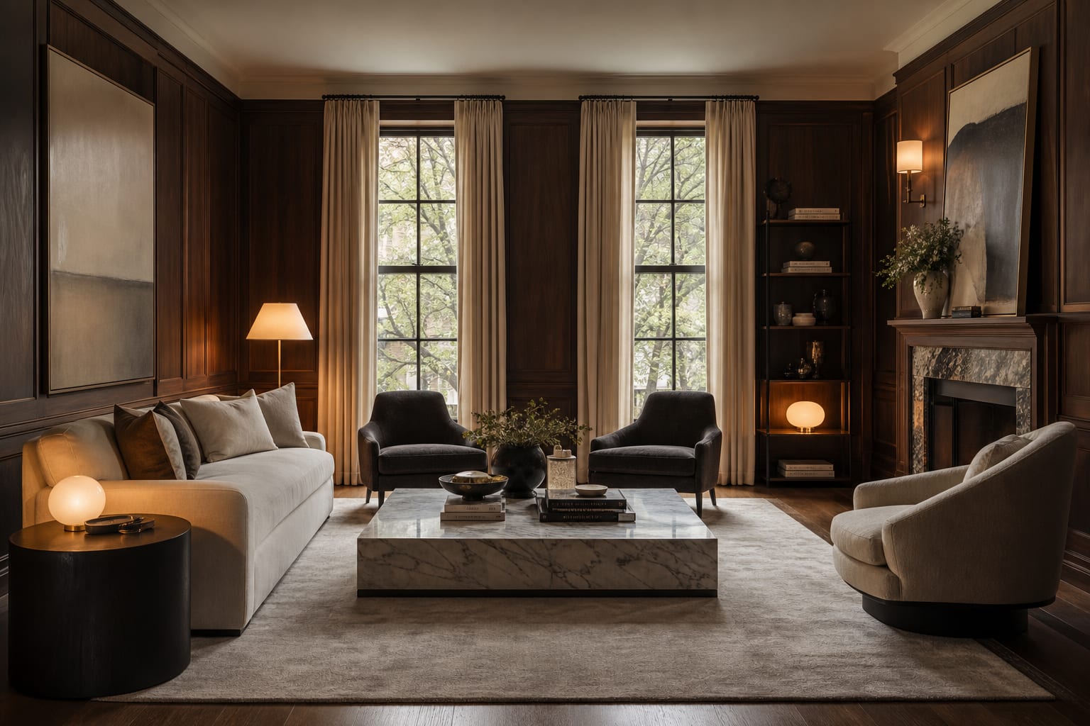 living room with dark walnut paneling, cream curtains, warm lamps, pale rug, and modern upholstered seating