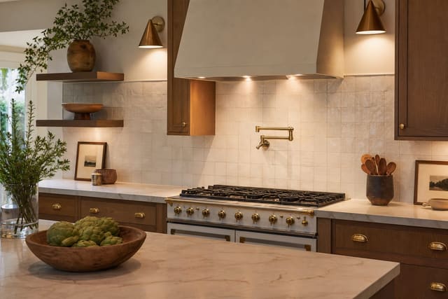dated kitchen backsplash with clean grout samples, warm cabinet hardware, and neutral counters under soft task lighting
