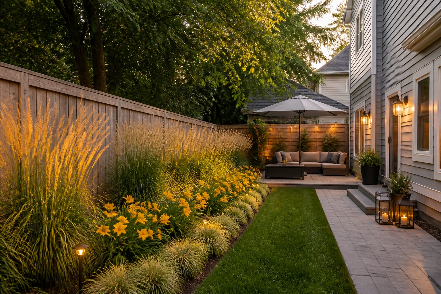 Same border layered with tall feather reed grass behind golden daylily drifts after redesign