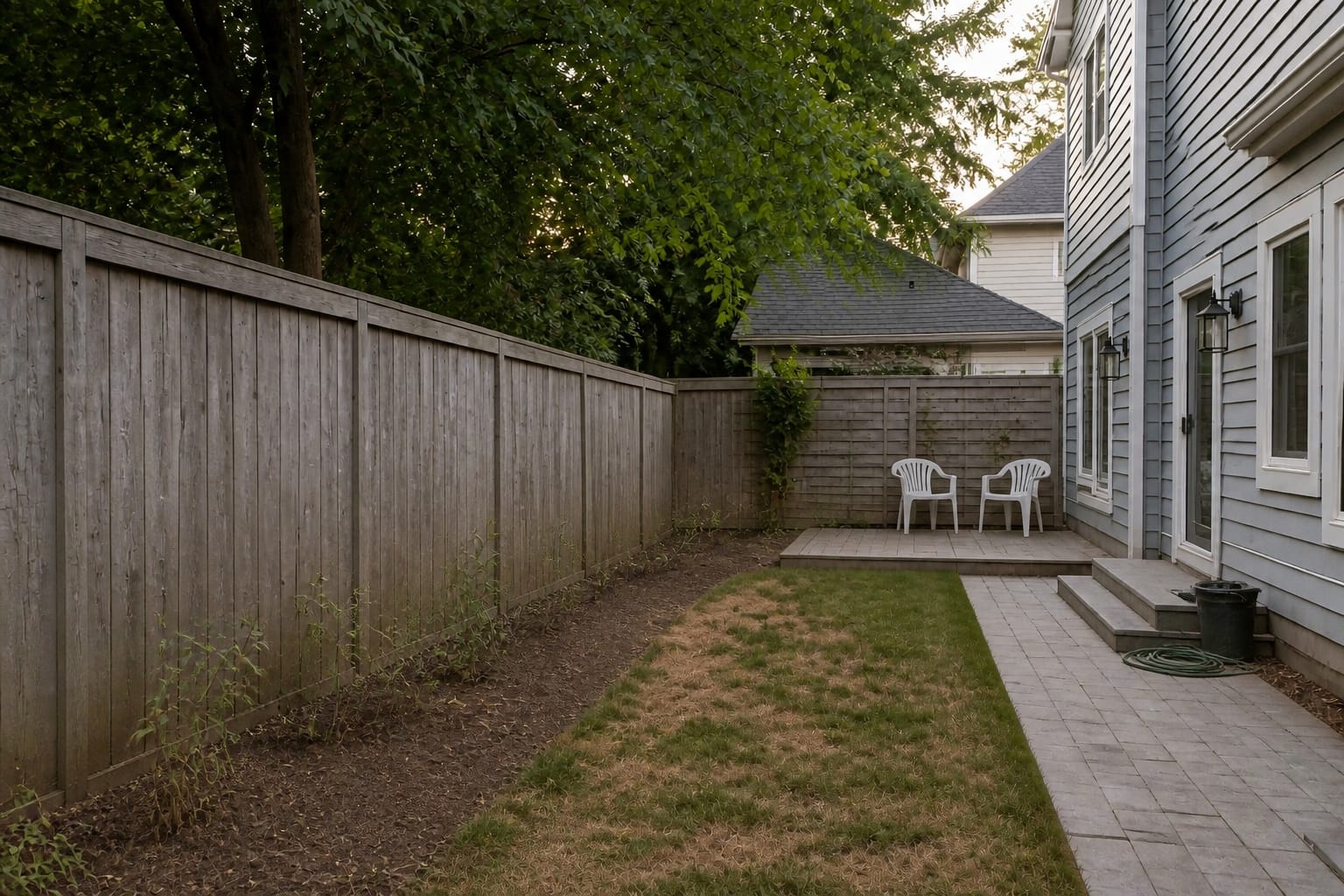 Sparse flat flower border with bare soil and a few scattered plants before redesign