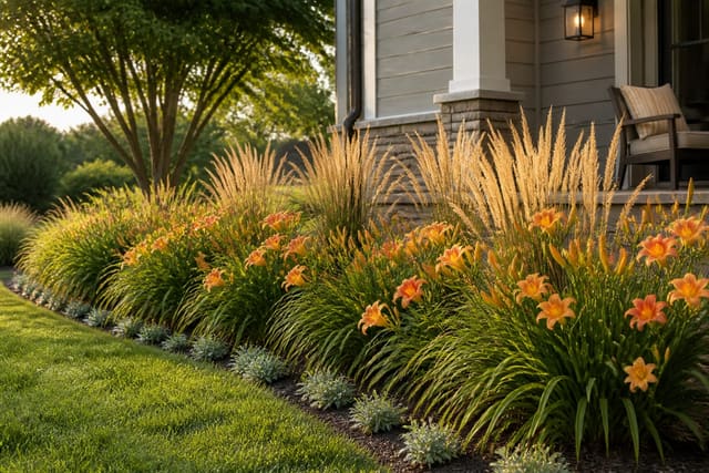 Daylily and Ornamental Grass Border Ideas: Low-Maintenance Summer Color, shown as warm editorial Re-Design photography with believable residential scale, natural light, clear material detail, no overlaid text, no watermark