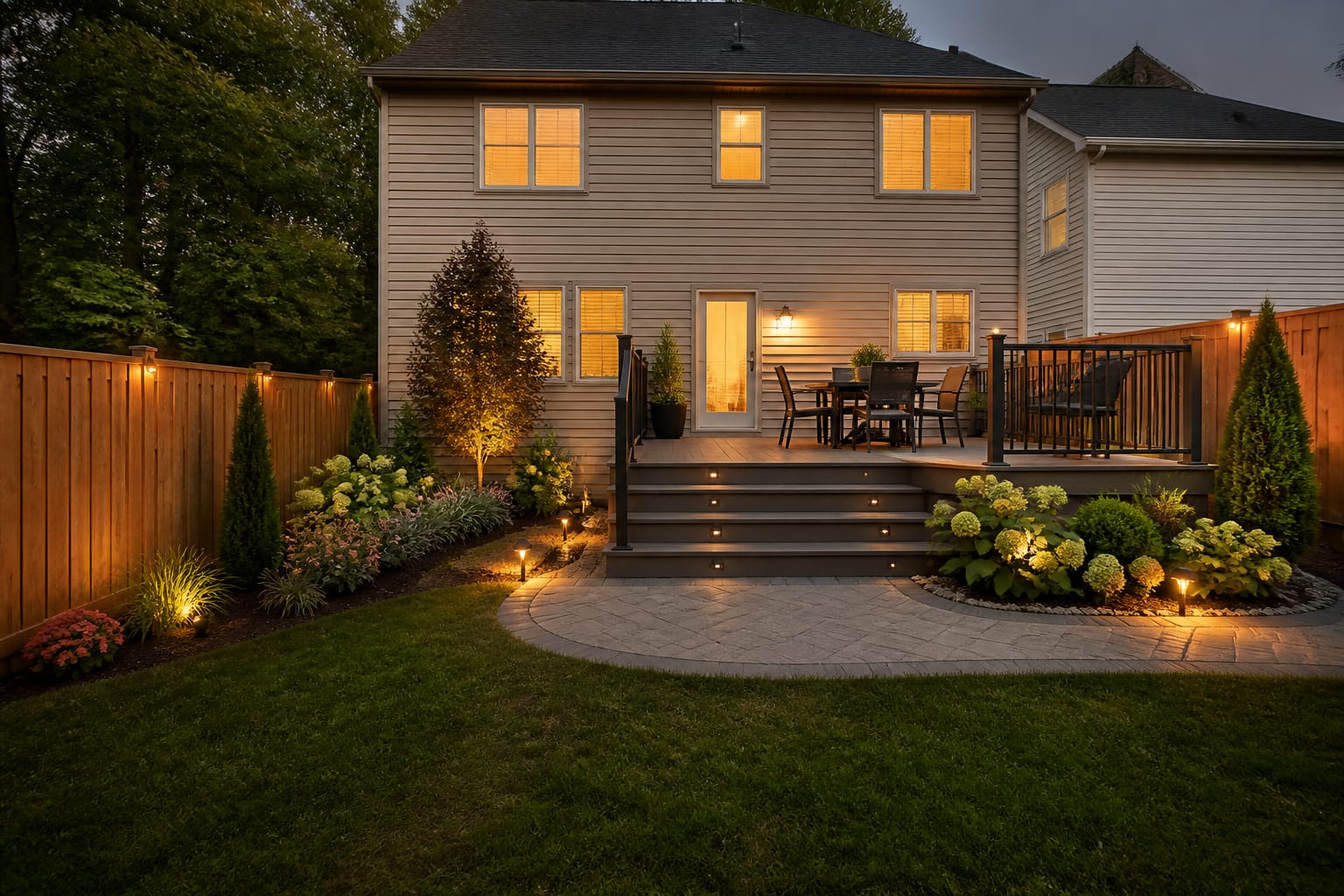The same backyard with a finished 300-square-foot composite deck, railing, and stairs