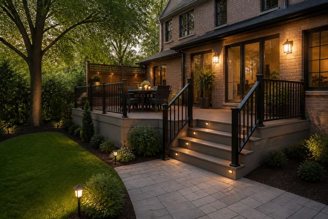 Finished composite backyard deck with aluminum railing, stairs, outdoor dining, and warm exterior lighting, shown as a warm editorial Re-Design concept