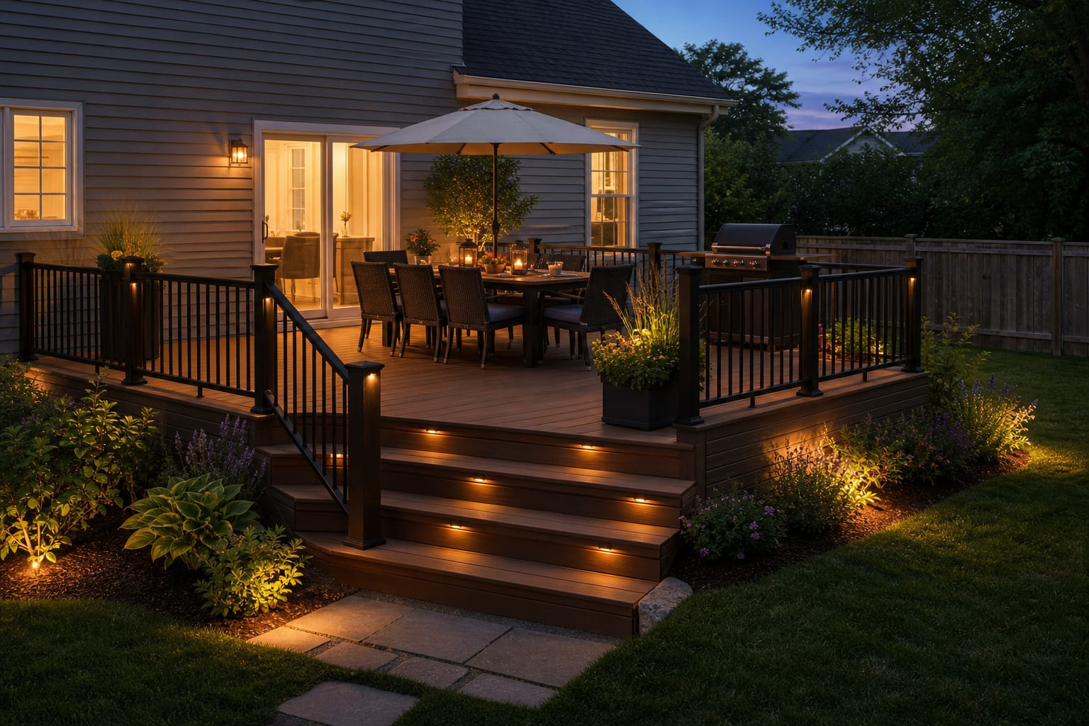 same backyard deck redesigned with composite boards, slimmer railings, wide steps, layered planters, dining furniture, and warm step lighting.