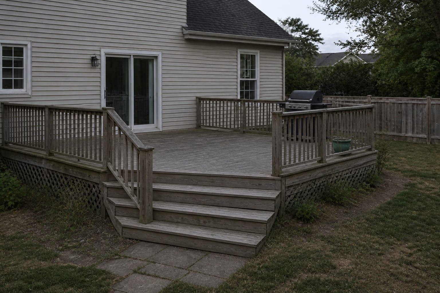 raised backyard deck with faded boards, bulky railing, a lonely grill, no lighting, and awkward stairs down to the lawn.