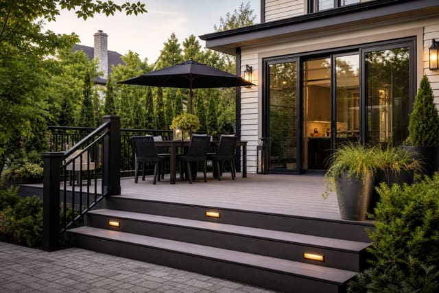 backyard deck with wide steps, composite boards, black railing, planters, and a shaded dining area connected to the house