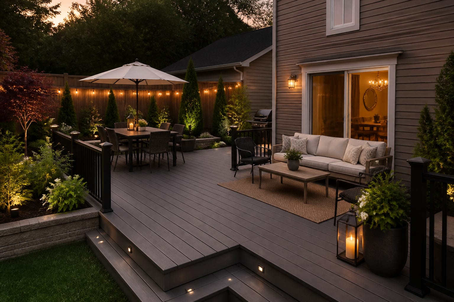 Same deck footprint resurfaced in uniform gray composite boards with clean lines after redesign