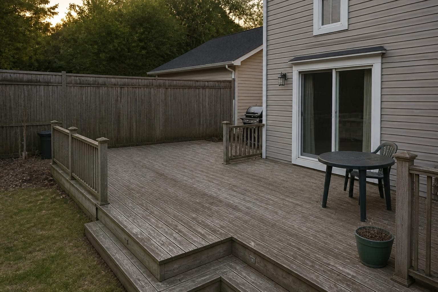Weathered gray pressure-treated deck with cupped splintering boards and peeling stain before resurfacing