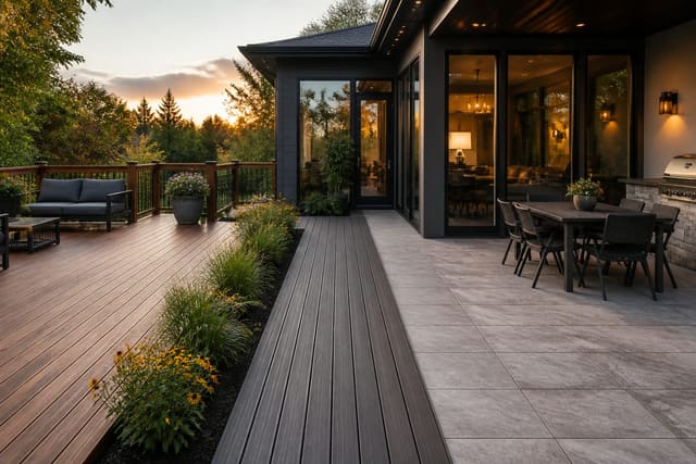Deck Flooring Ideas: Wood, Composite, and Tile Compared on Cost and Lifespan, shown as warm editorial Re-Design photography with believable residential scale, natural light, clear material detail, no overlaid text, no watermark