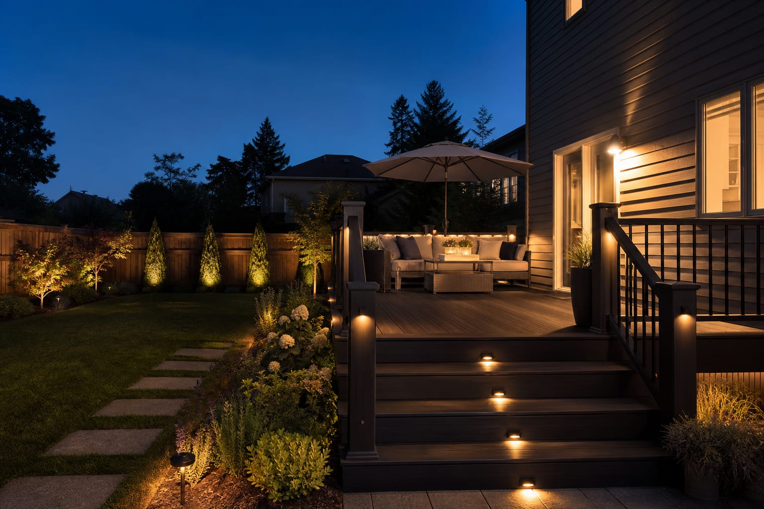 warmly lit deck with recessed stair lights, deck railing lights, under-deck glow, and a defined outdoor seating zone