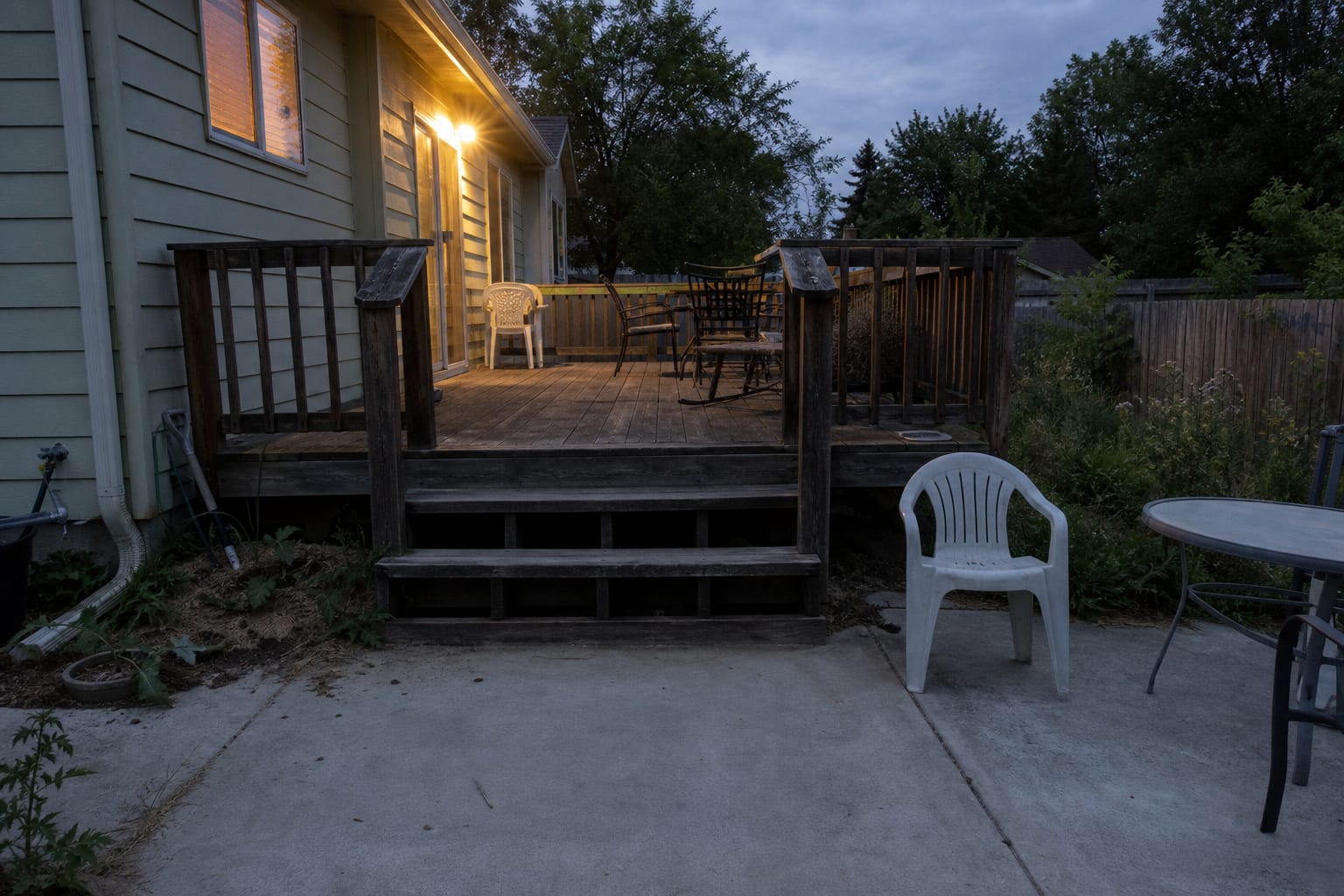 dark backyard deck with unlit stairs, blank railings, scattered chairs, and a harsh porch light near the door