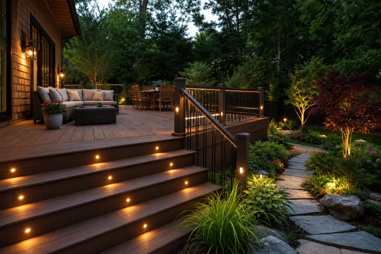 warm deck with recessed stair lights, rail lighting, and a softly lit seating area overlooking a planted backyard
