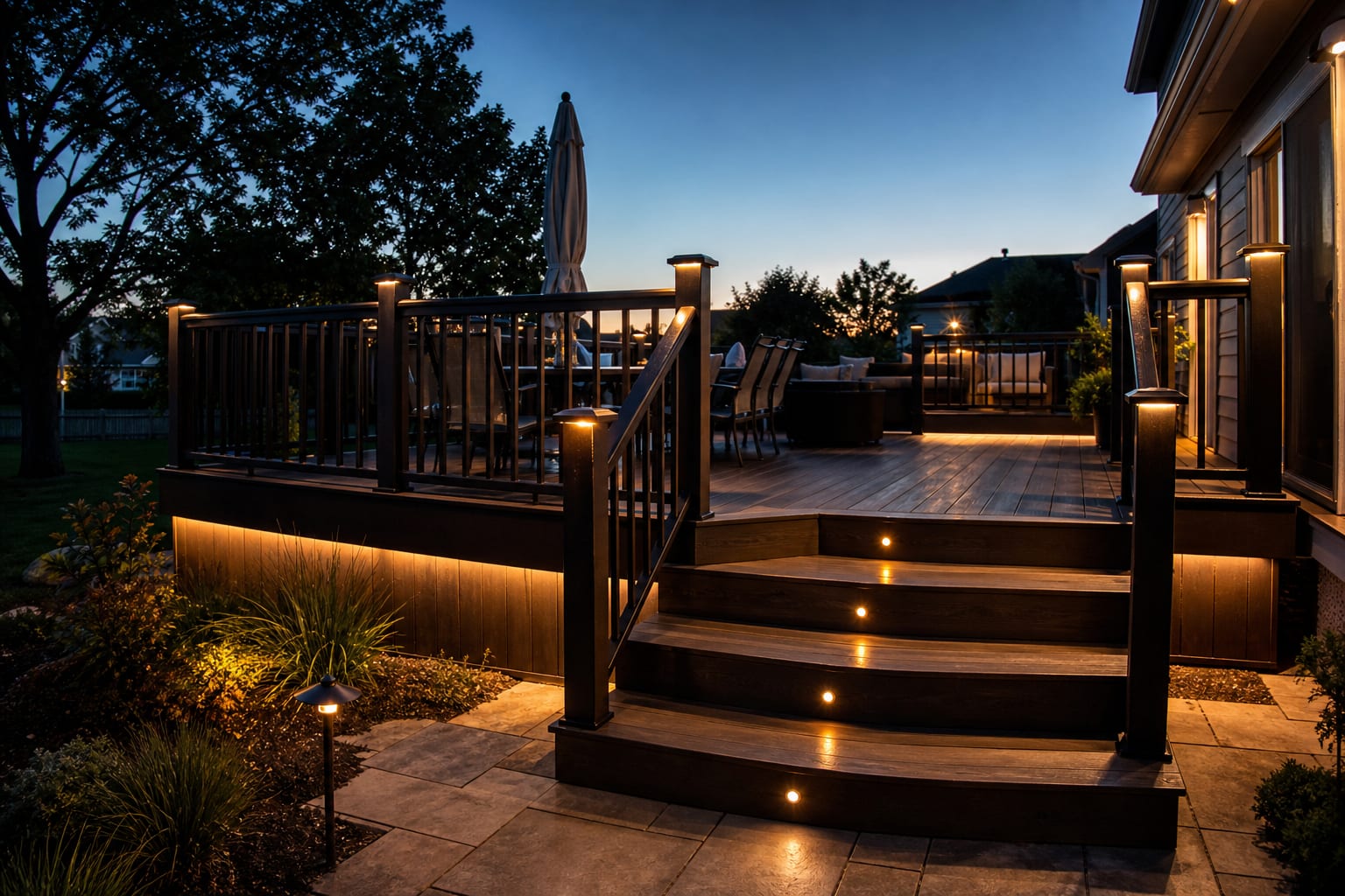split lighting concept showing a deck at dusk with rail lights, stair markers, and under-deck illumination tested before installation