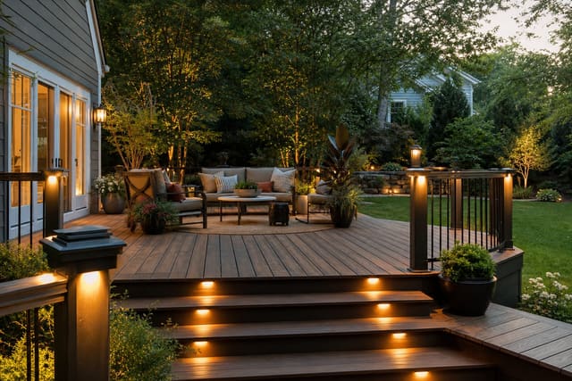 warm deck with recessed stair lights, rail lighting, and a softly lit seating area overlooking a planted backyard