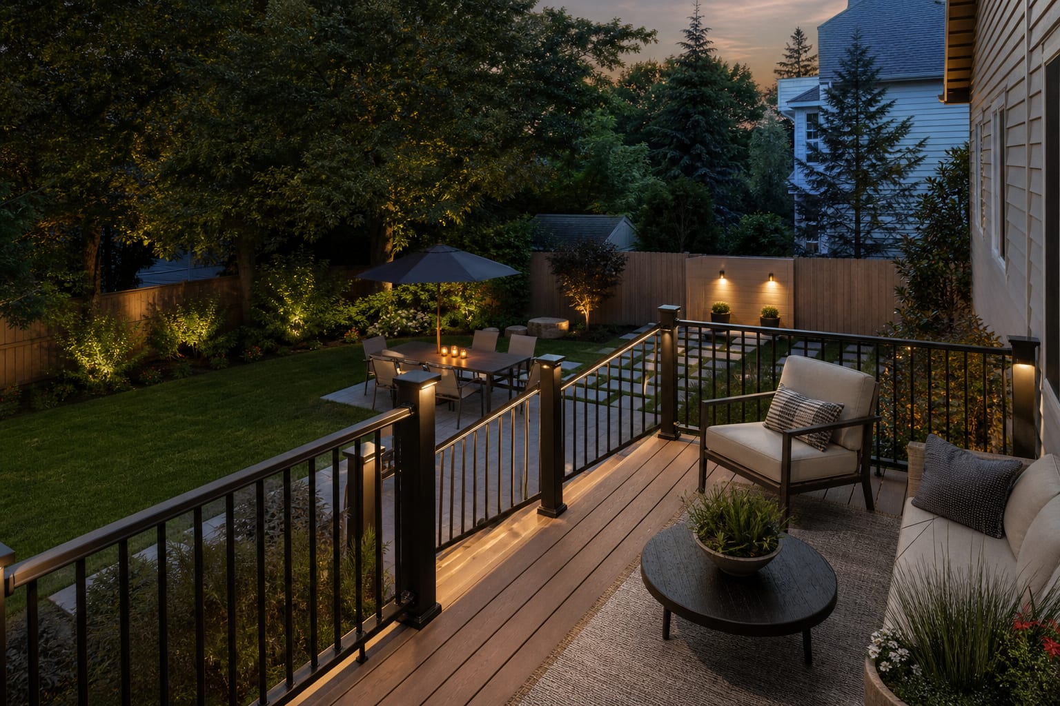 same raised deck redesigned with slim black aluminum railing, clearer sightlines, wider stair approach, planters, and warm post lights.