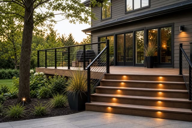 modern backyard deck with slim black aluminum railing, wood decking, wide stairs, potted grasses, and evening step lights