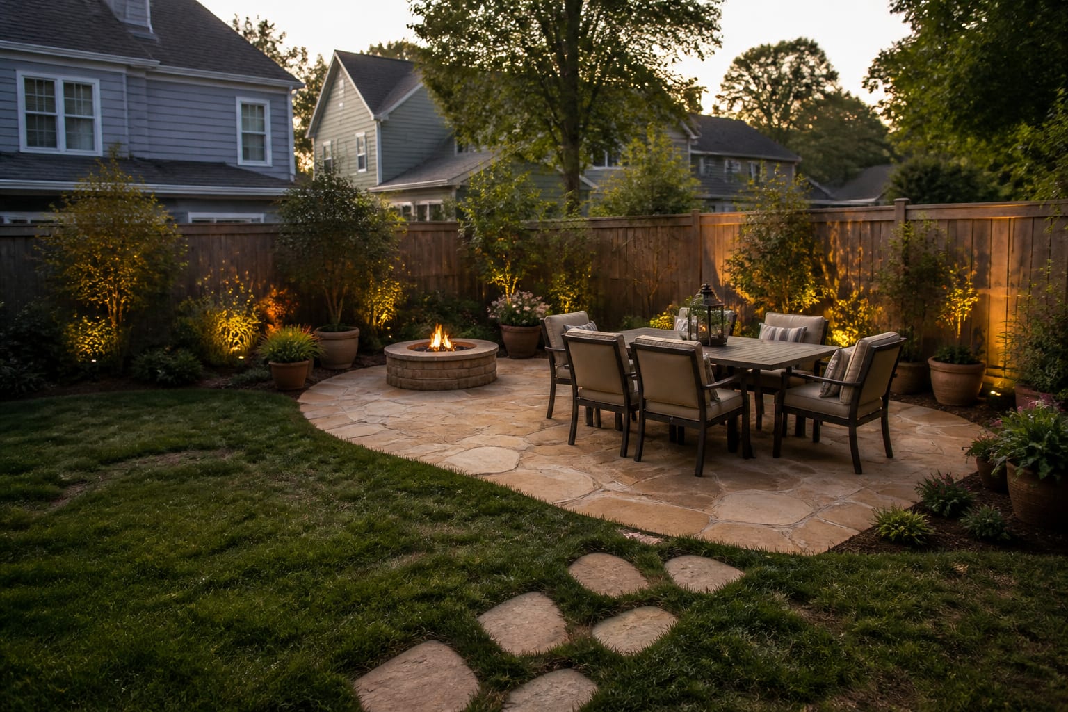 Same backyard with a flagstone patio, dining set, and fire pit replacing the worn lawn after redesign