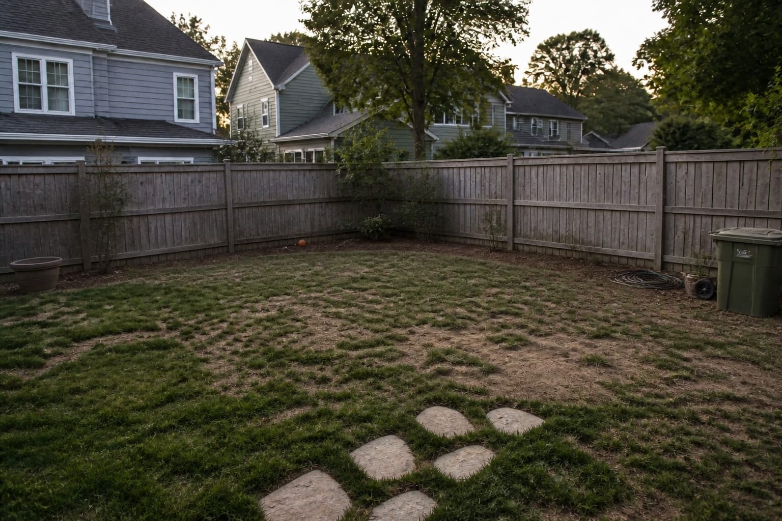 Flat patchy backyard lawn with worn grass and no defined hard surface before redesign