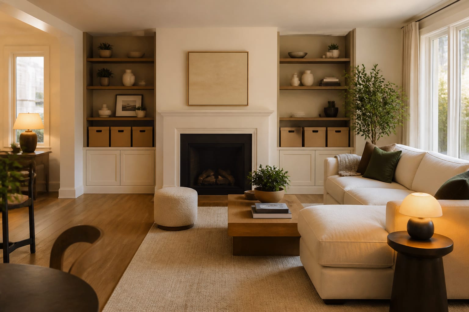 Decluttering Before Redesigning: Why Less Makes More Possible, shown as warm editorial Re-Design photography of a whole-home redesign prep scene with edited shelves, grouped keep boxes, and a cleaned living room ready for styling at believable residential scale, no overlaid text, no watermark