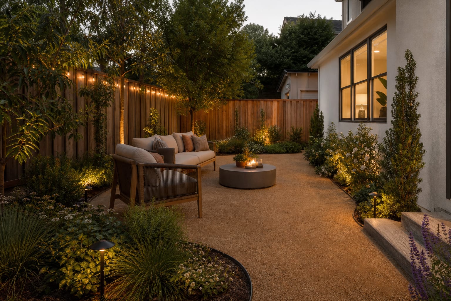 decomposed granite patio from the same angle with warm tan surface, steel edging, lounge chairs, drought tolerant plants, and low path lights.