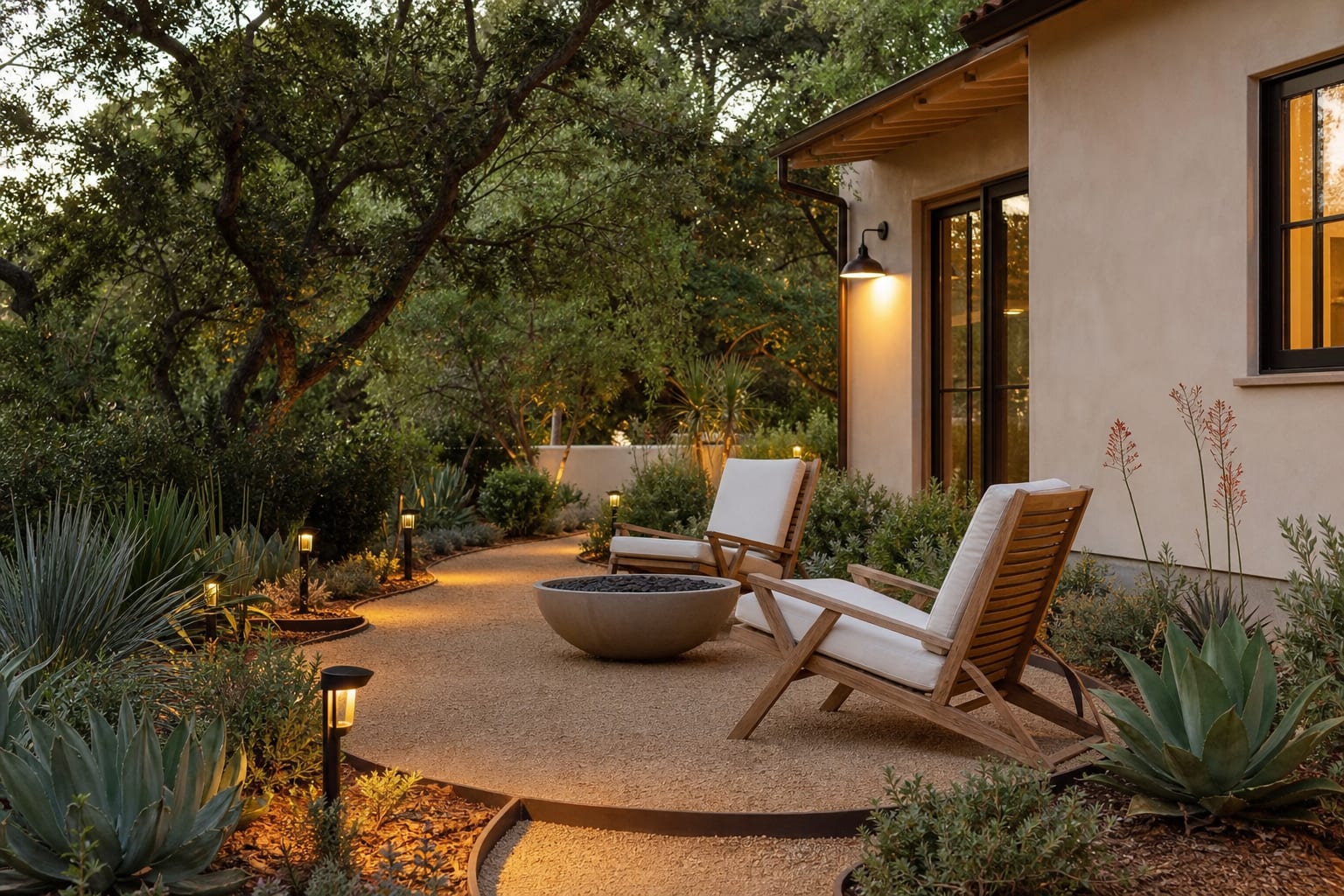 decomposed granite patio with steel edging, drought tolerant planting, wood lounge chairs, and warm path lighting beside a stucco house