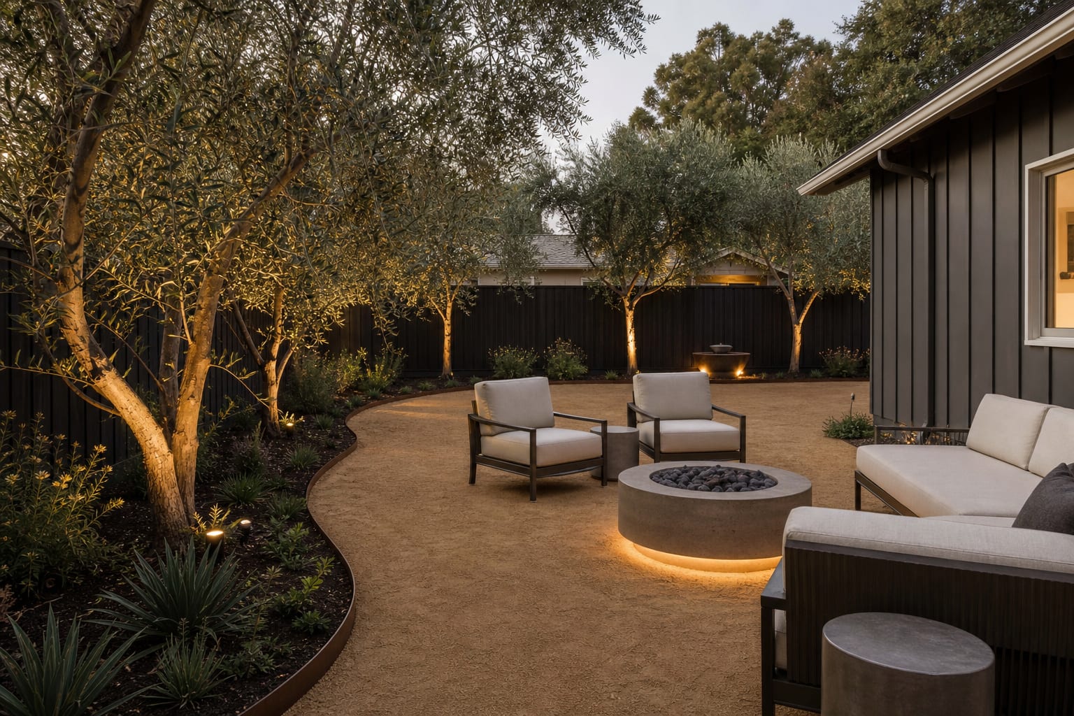 AI patio preview showing the same backyard tested with tan decomposed granite, steel edging, olive trees, and a compact lounge layout
