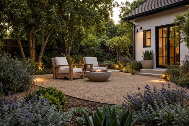 decomposed granite patio with steel edging, drought tolerant planting, wood lounge chairs, and warm path lighting beside a stucco house