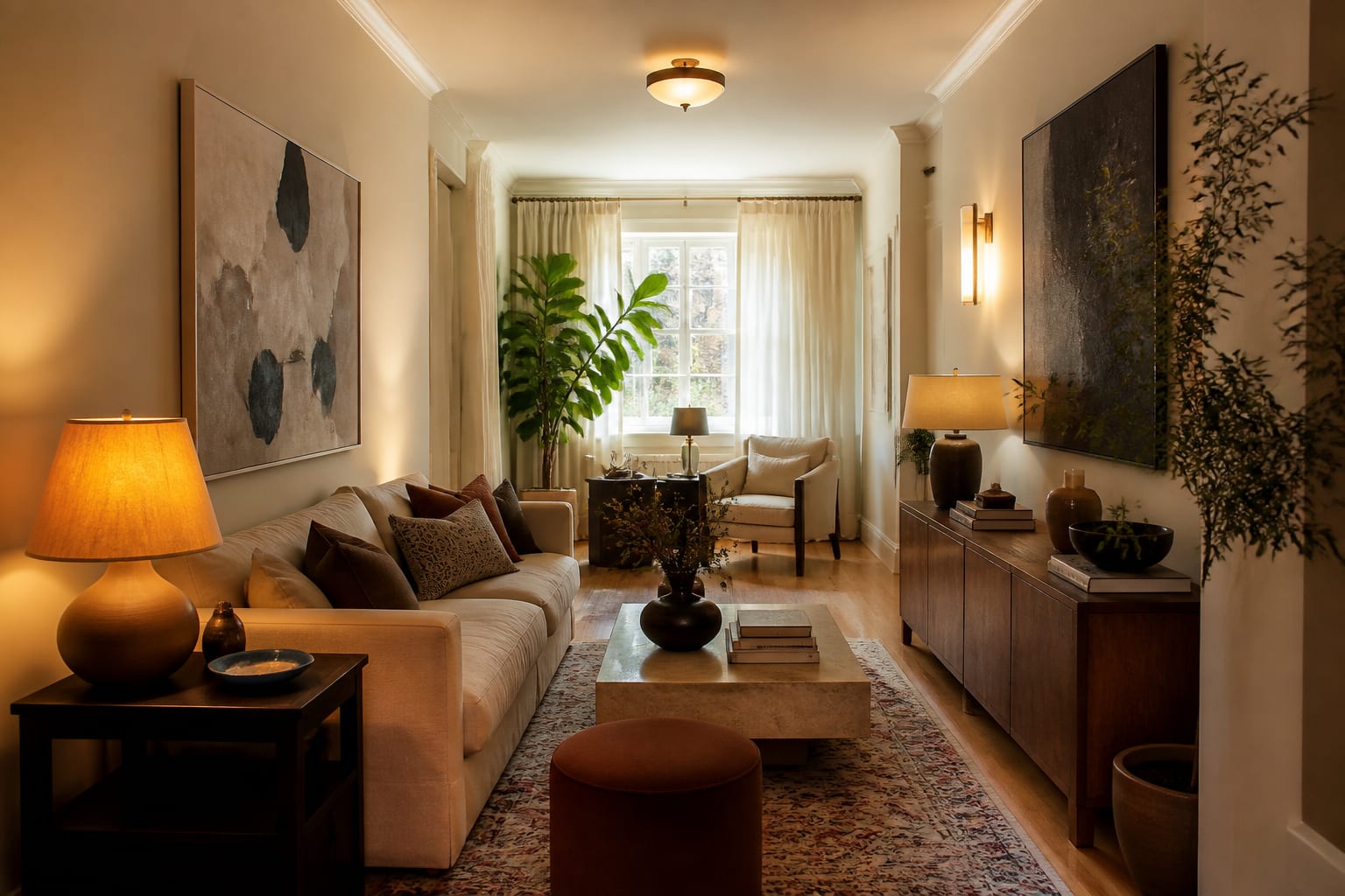 Editorial interior room illustrating how to decorate a long narrow room with warm natural light, layered styling, and realistic residential scale