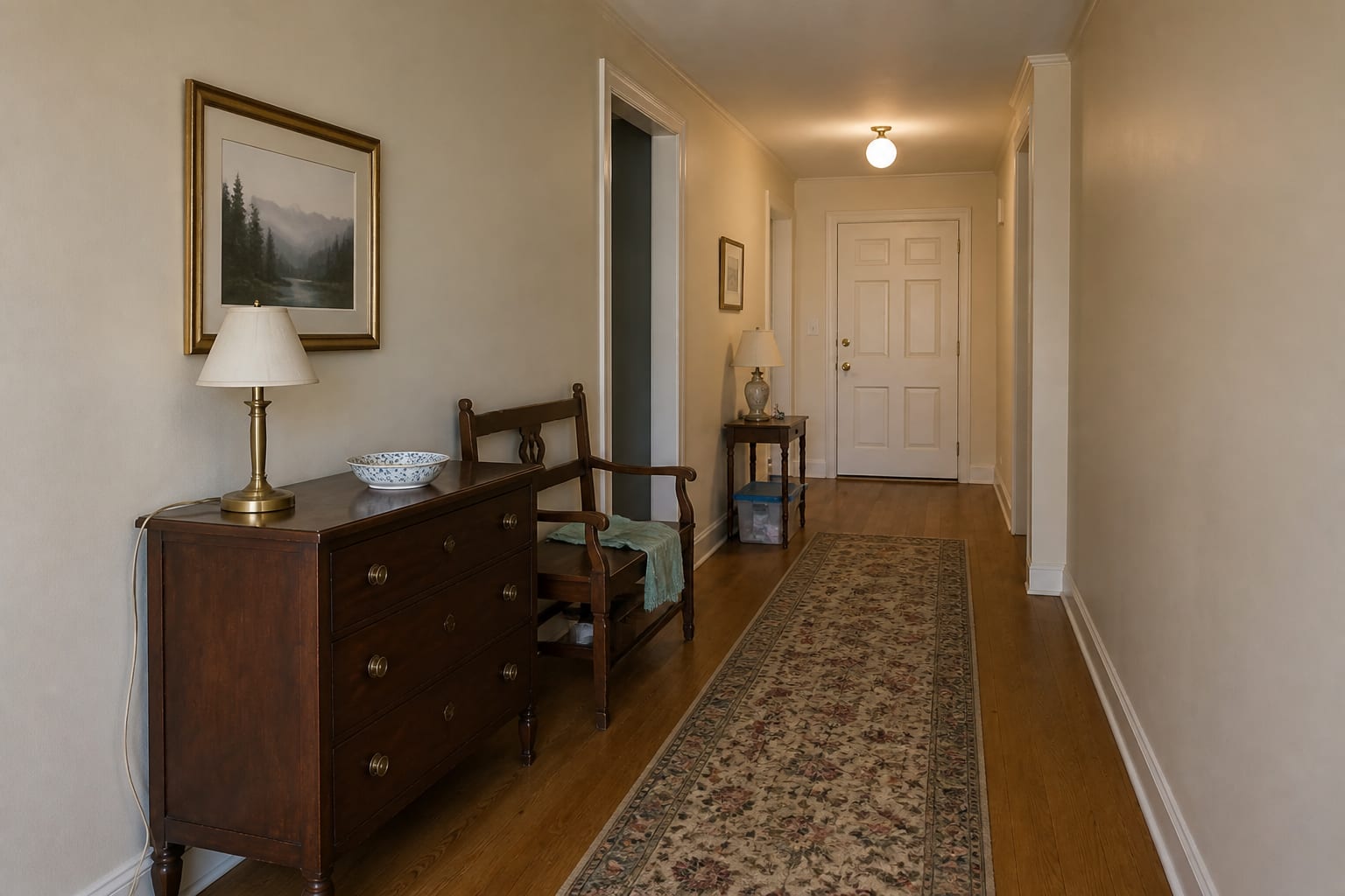 Crowded entry hallway with an antique mahogany chest, a second carved bench, mismatched art, two lamps, and a busy floral runner.