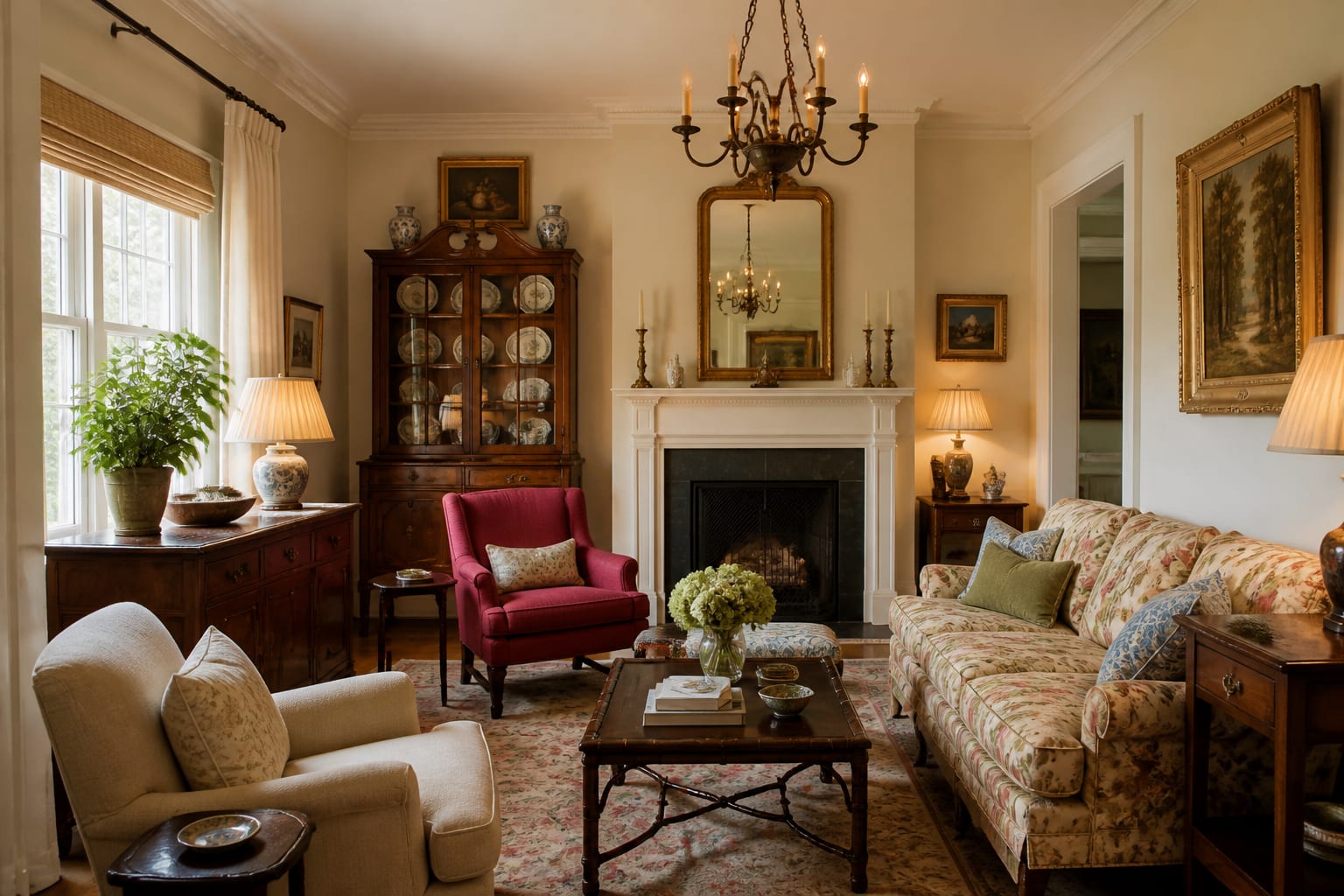 Editorial interior photograph showing decorating with inherited antique furniture in a real whole home, with grandmillennial materials, layered warm lighting, styled furniture, and a magazine-quality residential composition.