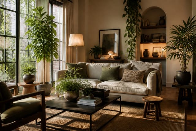 Editorial interior room illustrating decorating with plants: how to use greenery as a design element with warm natural light, layered styling, and realistic residential scale