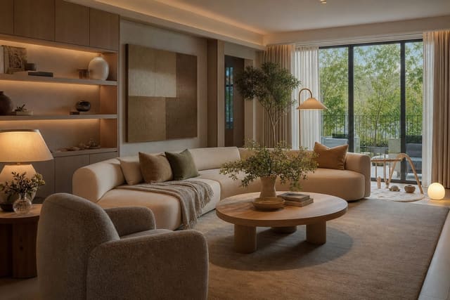 grown up living room with soft washable textiles, closed storage, rounded furniture, and a discreet baby play area near the sofa