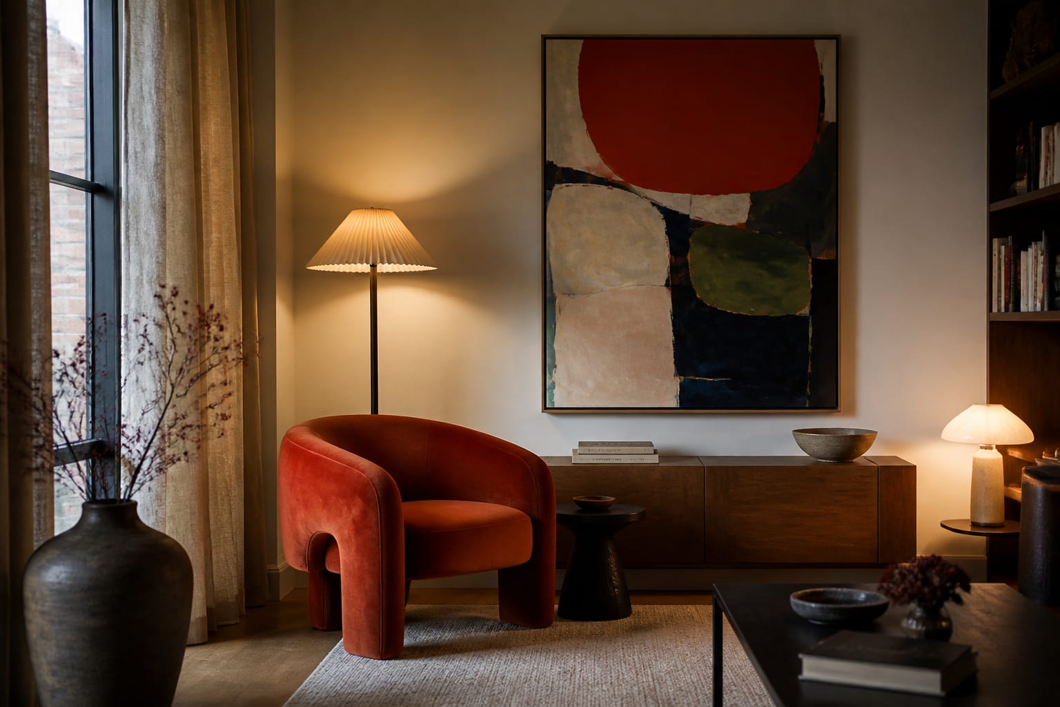 How to Design a Room Around a Statement Piece, shown as warm editorial Re-Design photography of a room composed around one statement chair and artwork with supporting colors, clear space, and intentional lighting at believable residential scale, no overlaid text, no watermark