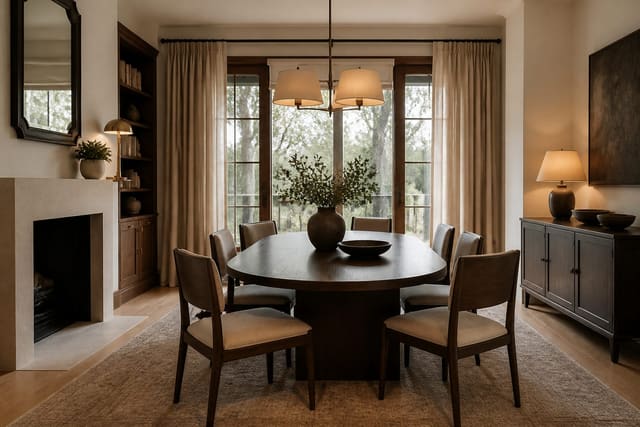 Editorial interior photograph showing dining room ideas that make people want to linger in a real dining room, with warm residential materials, layered lighting, functional furniture placement, and a magazine-quality composition.