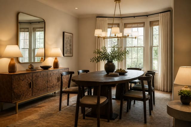 Editorial interior photograph showing dining room lighting ideas: get the fixture, height, and glow right in a real dining room, with warm residential materials, layered lighting, functional furniture placement, and a magazine-quality composition.