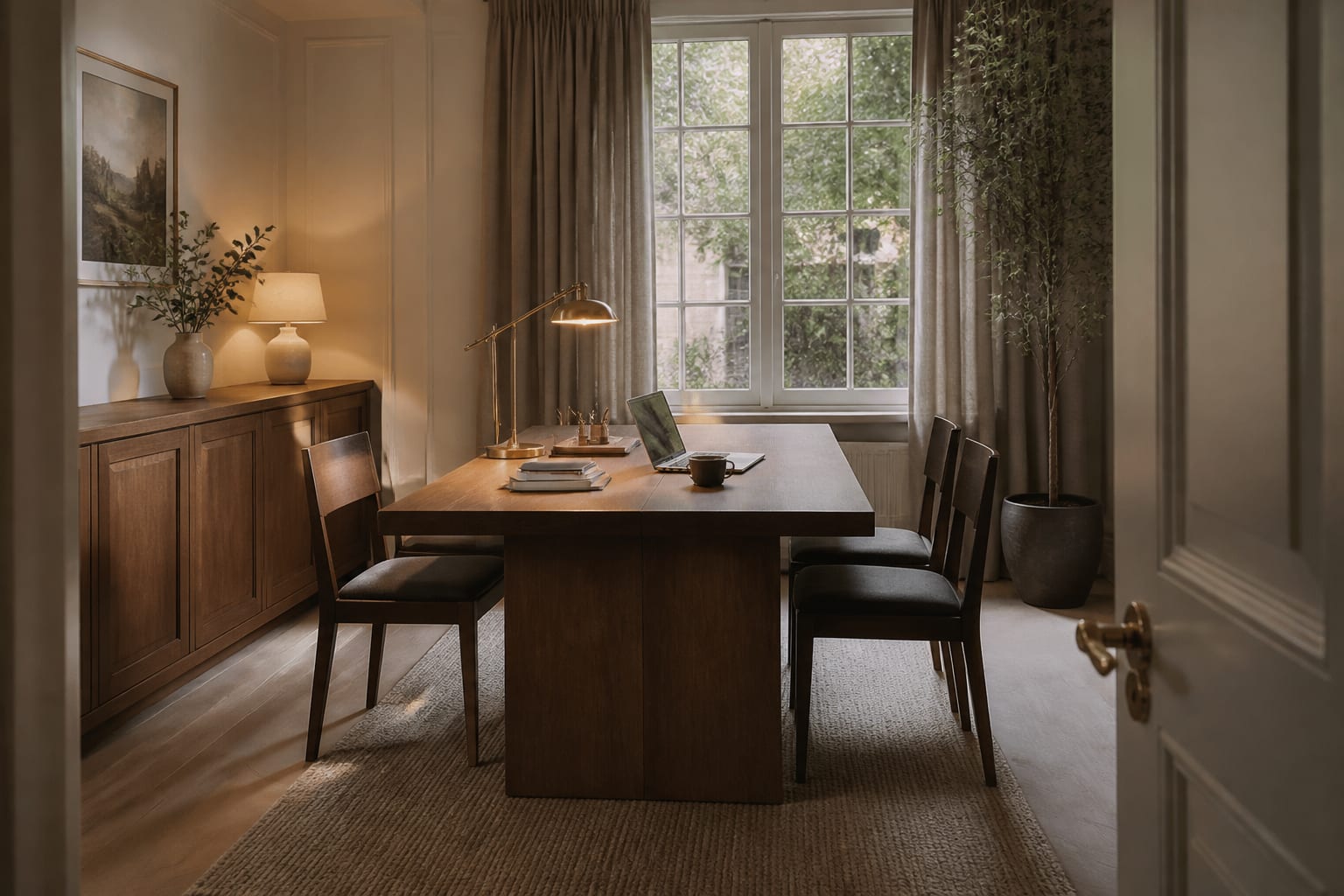 dining table used as a tidy home office with a task lamp, closed sideboard storage, and chairs pulled clear of the walkway