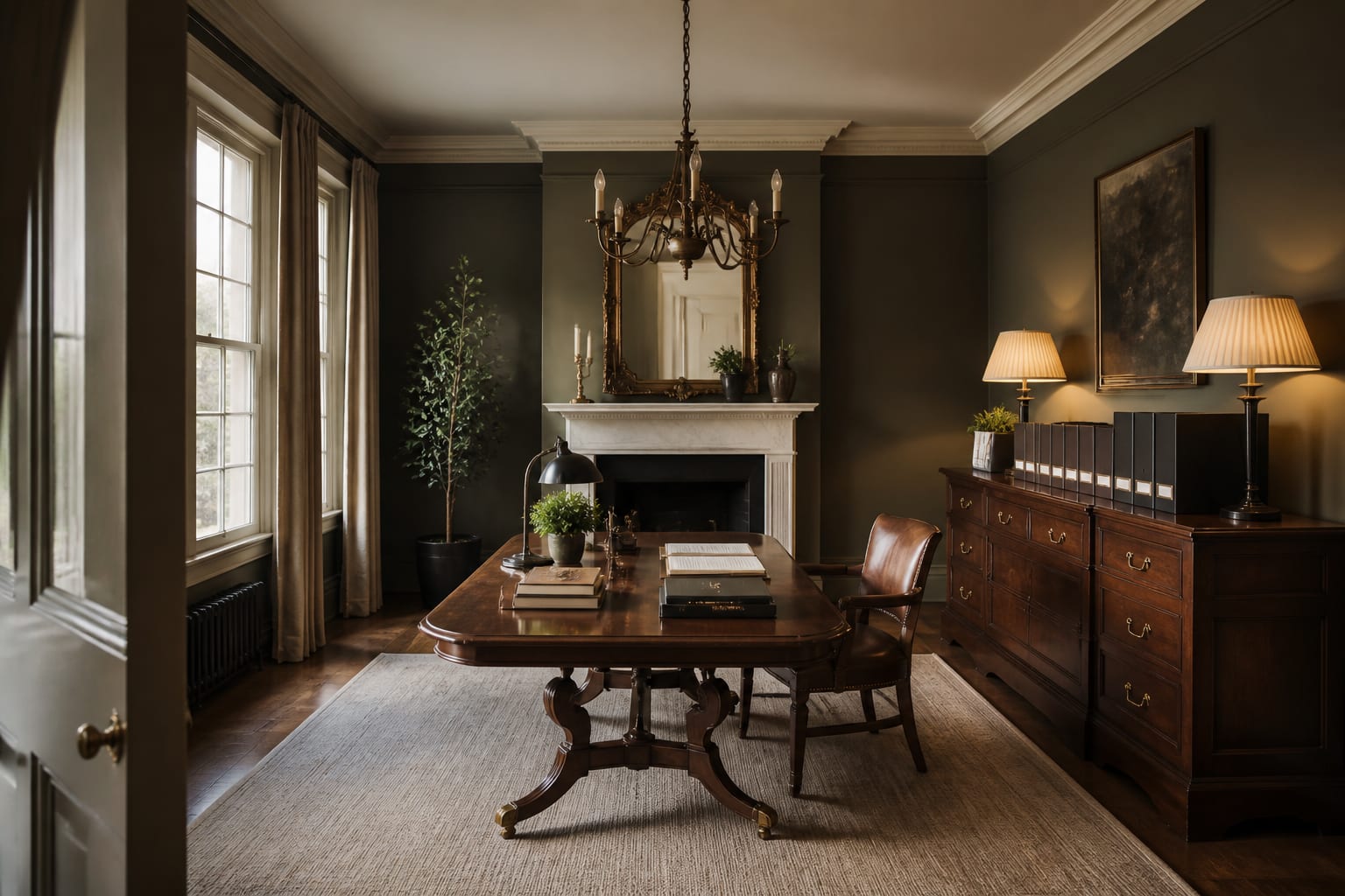 formal dining room converted into an office with the original table, a sideboard used for files, and warm task lighting