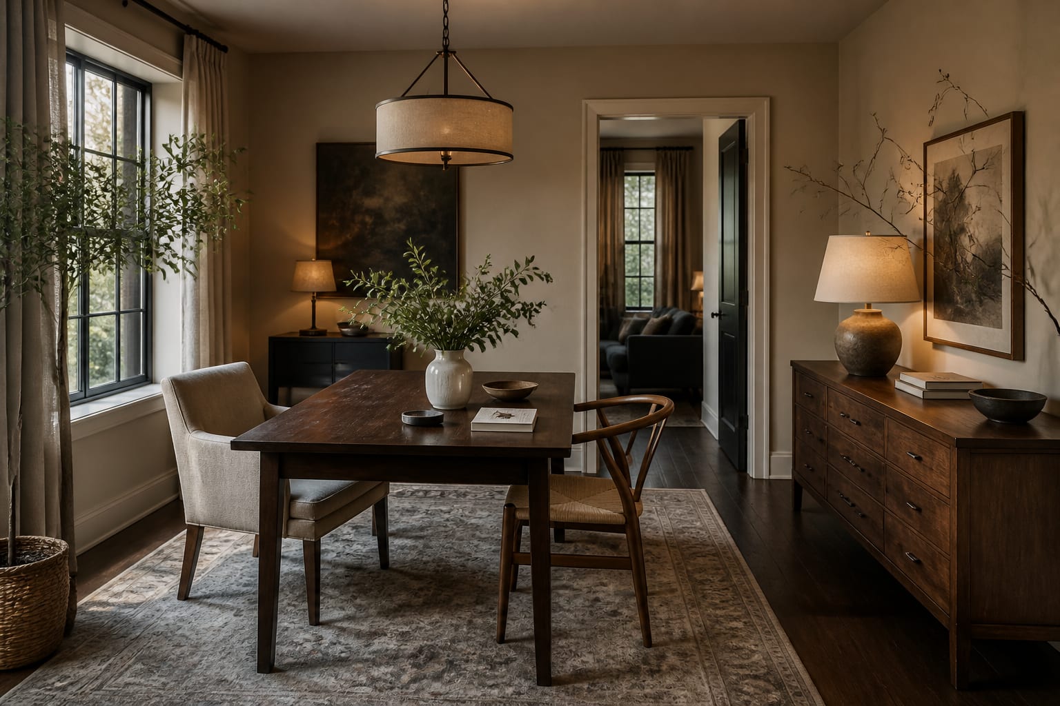AI preview of a dining room office showing table placement, sideboard storage, lamp light, and a clear path to the doorway