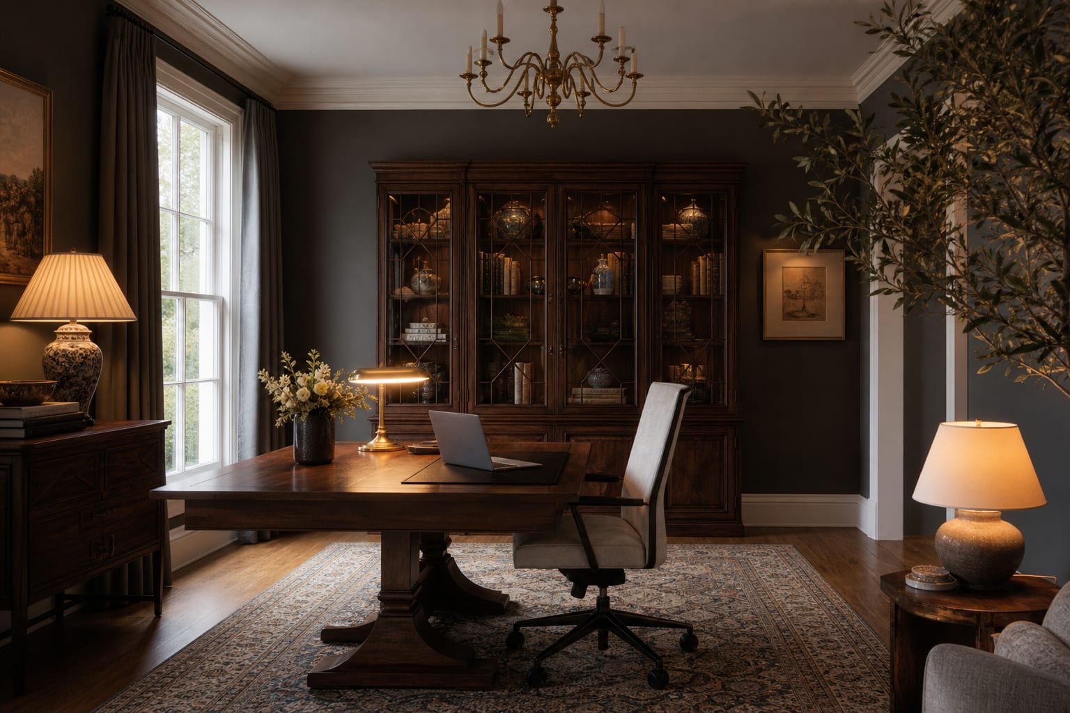 A formal dining room converted to a home office with the dining table used as a desk, a task chair, and a china cabinet styled as the video-call backdrop