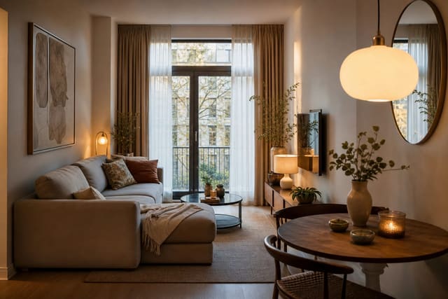 small living room with a slim round dining table by the wall, compact sofa, warm pendant light, and clear walking path