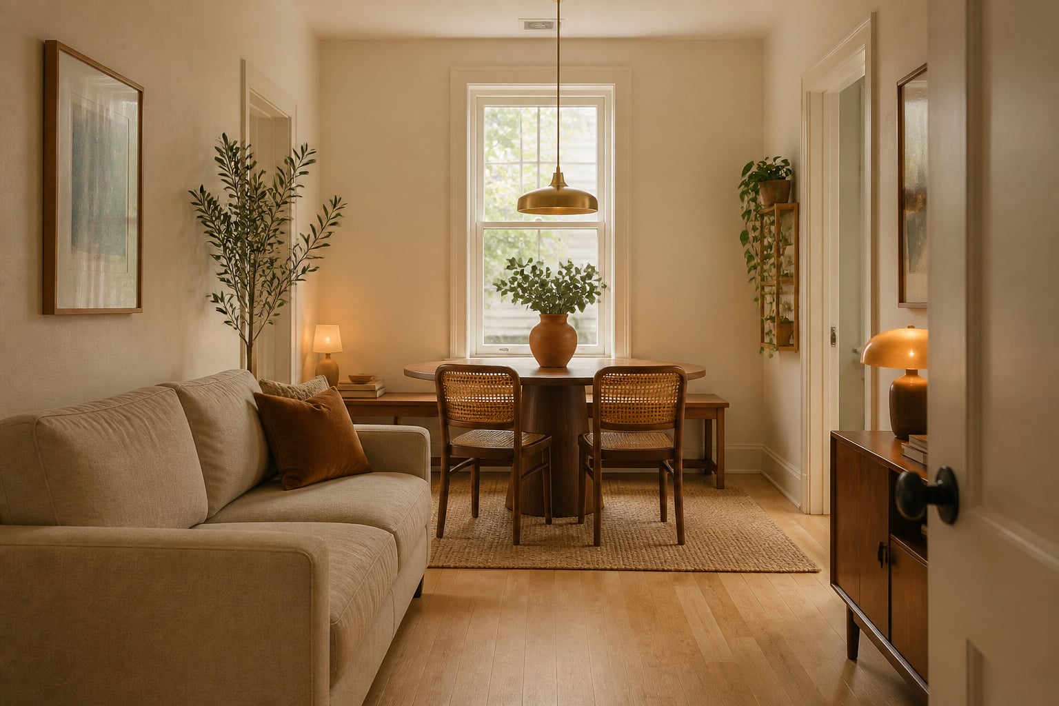 Same small room with a 36-inch round walnut pedestal table, two cane chairs and a bench, a sisal rug defining the dining zone, and a warm brass pendant.
